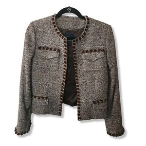 Ron Leal Taupe Wool Tweed Boucle Collarless Cropped Jacket dog show women's 6 S